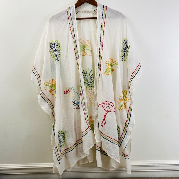 Soft Surroundings Embroidered Kimono OS Tropical Birds Sheer Duster Cover Boho - Picture 1 of 11